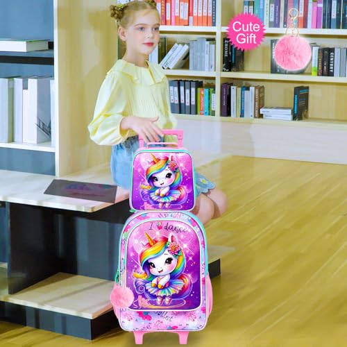 CCJPX 18" Unicorn Rolling Backpack for Girls, 3Pcs Kids Roller Wheels School Bookbag Set, Travel Wheeled School Bag for Toddler Elementary Children(Pink)2