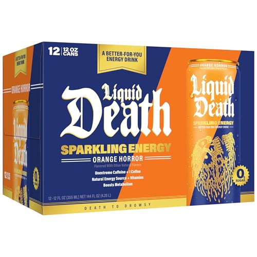 Image of Liquid Death Sparkling Energy - Orange Horror (Orange and Cream), Zero Sugar Energy Drink, Unextreme Caffeine 100mg, Essential Vitamins, 12 Fl Oz (Pack of 12)