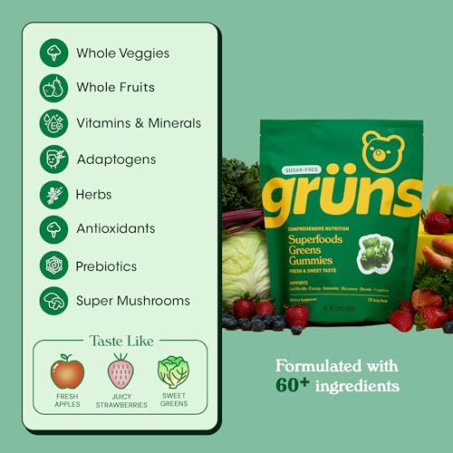 Image of Gruns Adult Sugar-Free Super Greens Gummies - Superfood Gummy Bears with Spirulina, Chlorella, Fiber & Prebiotics for Digestive Health, Adaptogen Supplement with 20 Vitamins & Minerals, 2 Week Supply