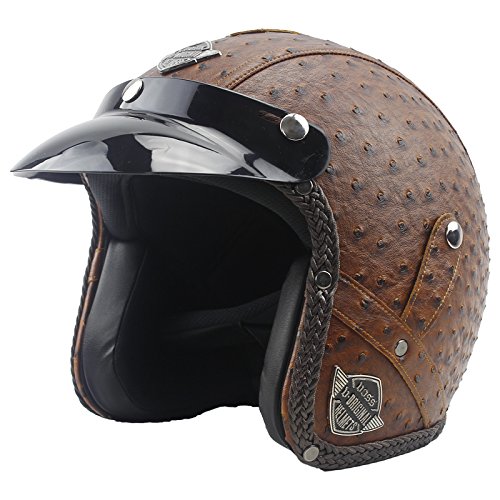 Casque Cuir Casque ouvert moitié Vintage 3/4 Casques moto motard Croiseur Scooter Tournée Casque (L, Brown)