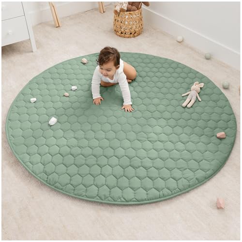 Comfy Cubs Round Kids Play Mat - Large 60 inches Soft Quilted Baby Floor Mat with Non-Slip Bottom - Plush Design for Toddlers' Playtime and Relaxation - Comfortable and Durable - Sage