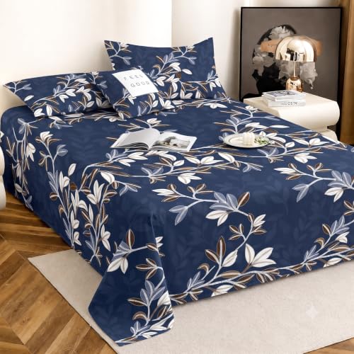 Image of IVAZA 240 TC Soft Ezyption Cotton Floral Print King Size Bedsheet - with 2 Pillow Covers, Hypoallergenic, Brethable, (Size- 90 x 90 Inch) Slate Blue