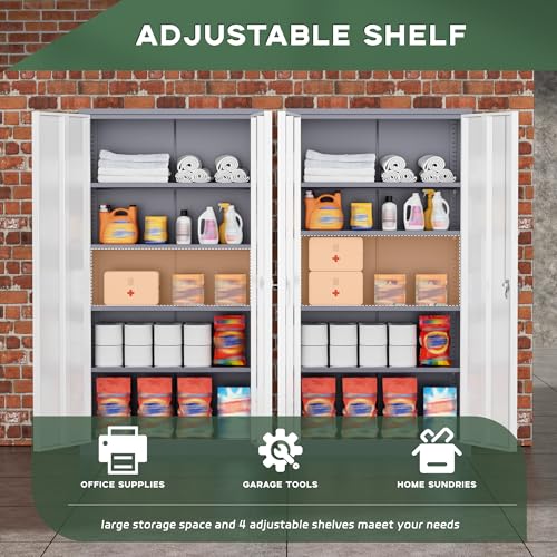 Image of Greenvelly Metal Storage Cabinet, 72 inch Locking Metal Garage Storage Cabinet with Doors and 4 Adjustable Shelves, Lockable Steel Cabinet for Home Office, Garage, Shop, School (White Grey 36 inch W x 18 inch D)