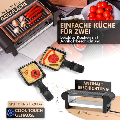 Clatronic® Raclette 2 Personen | Mini Raclette mit ca. 20,5 x 10,5 cm Grillfläche | für Grillen & Überbacken | antihaftbeschichtete Grillplatte & Pfännchen | 350W | RG 3592 – Bild 2