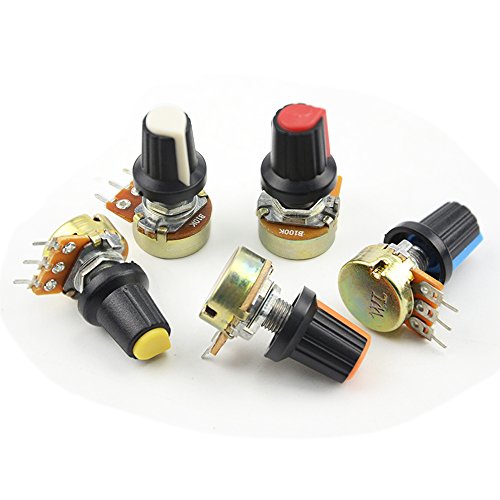 WMYCONGCONG 15 PCS B5K B10K B20K B50K B100K Ohm Knurled Shaft Linear Rotary Taper Potentiometer with 5 Color Knob (Single Linear Kit) - Thumbnail 3