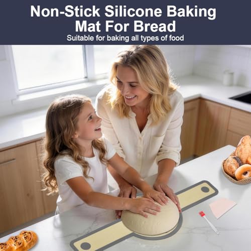 OSDUE Silikon Backmatte für Dutch Oven, 2 Stück Backmatte Brot Antihaft Brotschlinge Wiederverwendbare Backunterlage Lange Griffe Teigmatte Brotmatte für Backofen Leicht zu Reinigen (2 Rund)