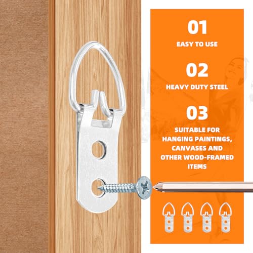 Image of 40Pcs D Ring Picture Hangers, Heavy Duty D Ring Picture Hanger with 120pcs Screws, 2 & 4 Holes D Hooks for Hanging Picture Mirror Photo Frame Hardware