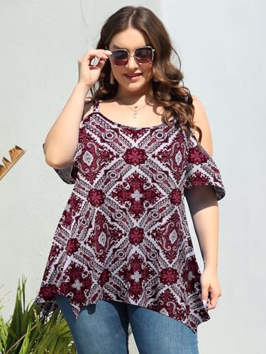 Image of LARACE Cold Shoulder Tops for Womens Summer Clothes Spaghetti Strape Tunic Oversized Shirts Asymmetrical Plus Size Blouse