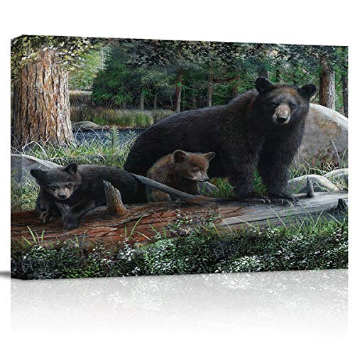 Sun-Shine Funny Rustic Black Bear Canvas Wall Art Oil Painting Prints Stretched And Framed,Cubs Family Theme Forest Wall Artworks Picture For Bathroom Kitchen Bedroom Winter Decoration,12X16In #TOP27