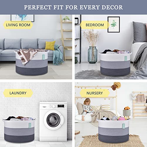 Image of Large Cotton Rope Blanket Basket, 87L Laundry Hamper, White & Gray | Collapsible Woven Nursery Hamper, Sturdy Handles for Clothes Toys Towels, Ideal for Living Room Bedroom Bathroom