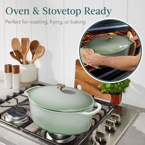Best Choice Products Oval 7.5 Quart Enamel Cast-Iron Dutch Oven, Heavy-Duty Pre-Seasoned for Baking, Cooking w/Side Handles – Sage Green - Thumbnail 5
