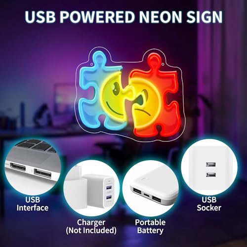 Image of Puzzle LED Neon Sign USB Powered for Wall Decor, Puzzle Neon Night Light Sign Dimmable for Room Party Decor Birthday Gifts