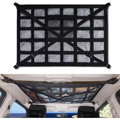 Car Ceiling Cargo Net Pocket Strengthened Load-Bearing DesignDouble-Layer Mesh Organizer for SUVs, Road Trips, and Car Camping Essentials (Black, 35.4