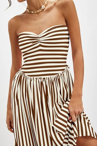 Image of Striped Tube Top Beach Dresses for Women Strapless Pleated Flowy Maxi Dress Summer Party Midi Dresses