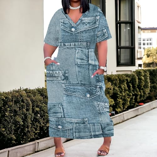 Image of SUZONANA Plus Size Denim Print Shirt Maxi Dresses for Curvy Women Casual Blue Jean Summer Outfits Long Short Sleeve Dress with Pockets Patchwork 6XL