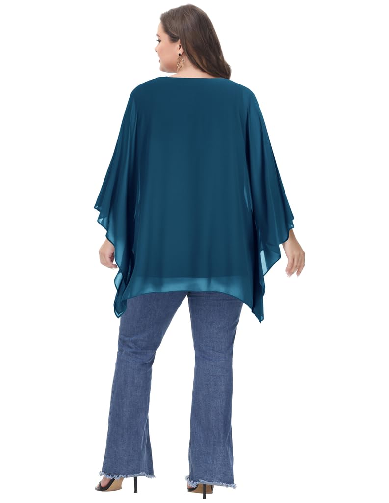 Hanna Nikole Blusa de gasa para mujer, tallas grandes, elegante, de murciélago, camisa de doble capa, suelta, larga