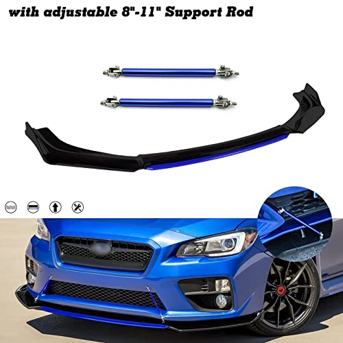 Xotic Tech Front Bumper Lip Chin Spoiler Splitter Diffuser Protector Body Kit with Adjustable 8'-11' Support Rod Compatible with Honda Accord Civic or VW MK5 MK6 MK7 or Kia Optima, Matte Black w/Blue
