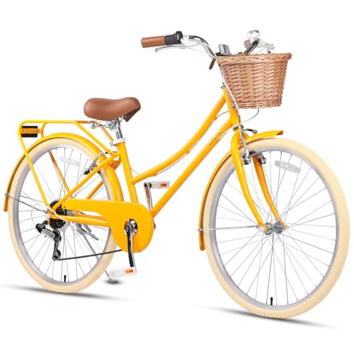 Bicicleta Glerc Missy 26' para niñas Cruiser Juvenil Adolescente Mujer Bicicleta Híbrida Urbana de 6 velocidades para adolescentes de 14 a 20 años con cesta de mimbre y portaequipajes, Amarillo