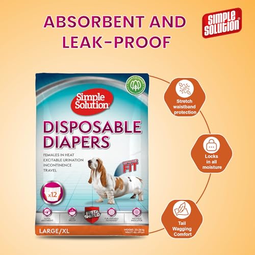 Image of Simple Solution Disposable Diapers for Dogs, Insta Shield Core, Leak-Proof, Fur-Friendly Fasteners, Ideal for Females in Heat, Incontinence & Travel - Pack of 12 (L-XL)
