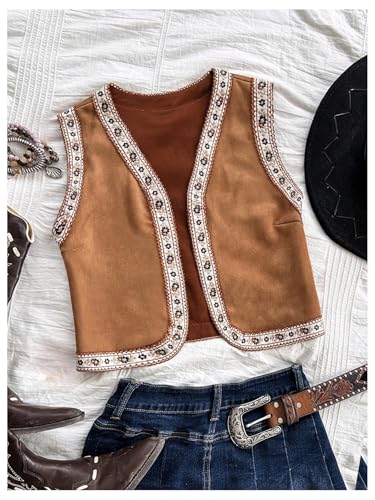 Women's Floral Contrast Binding Vest Vintage Open Front Sleeveless Crop Outerwear3