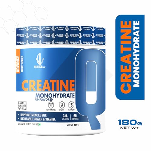 Image of QuenchLabz Creatine Powder 3000 mg | Mircronized Creatine Monohydrate | Creatine Monohydrate 100g for For Lean Pump and Volumization | Gym Supplement for Men for Pump and Strenght - Unflavoured Powder - 33 Servings - Pouch (180 GM, Unflavoured)