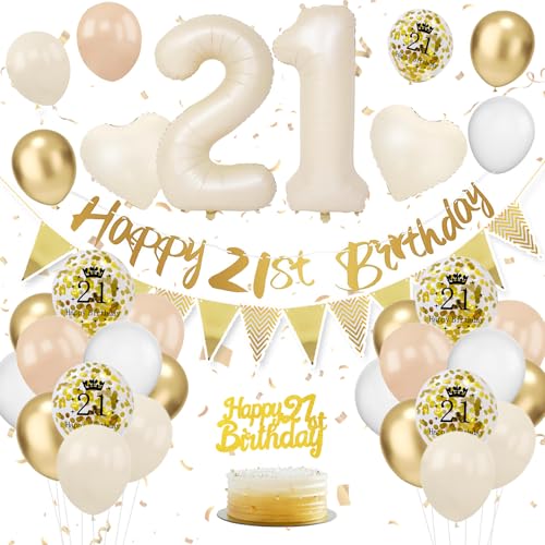 Decoração de aniversário 21 anos bege, balões de 21 aniversário bege, balões de alumínio, faixas de aniversário, balões de aniversário 21 anos para homem mulher aniversário festa decoração