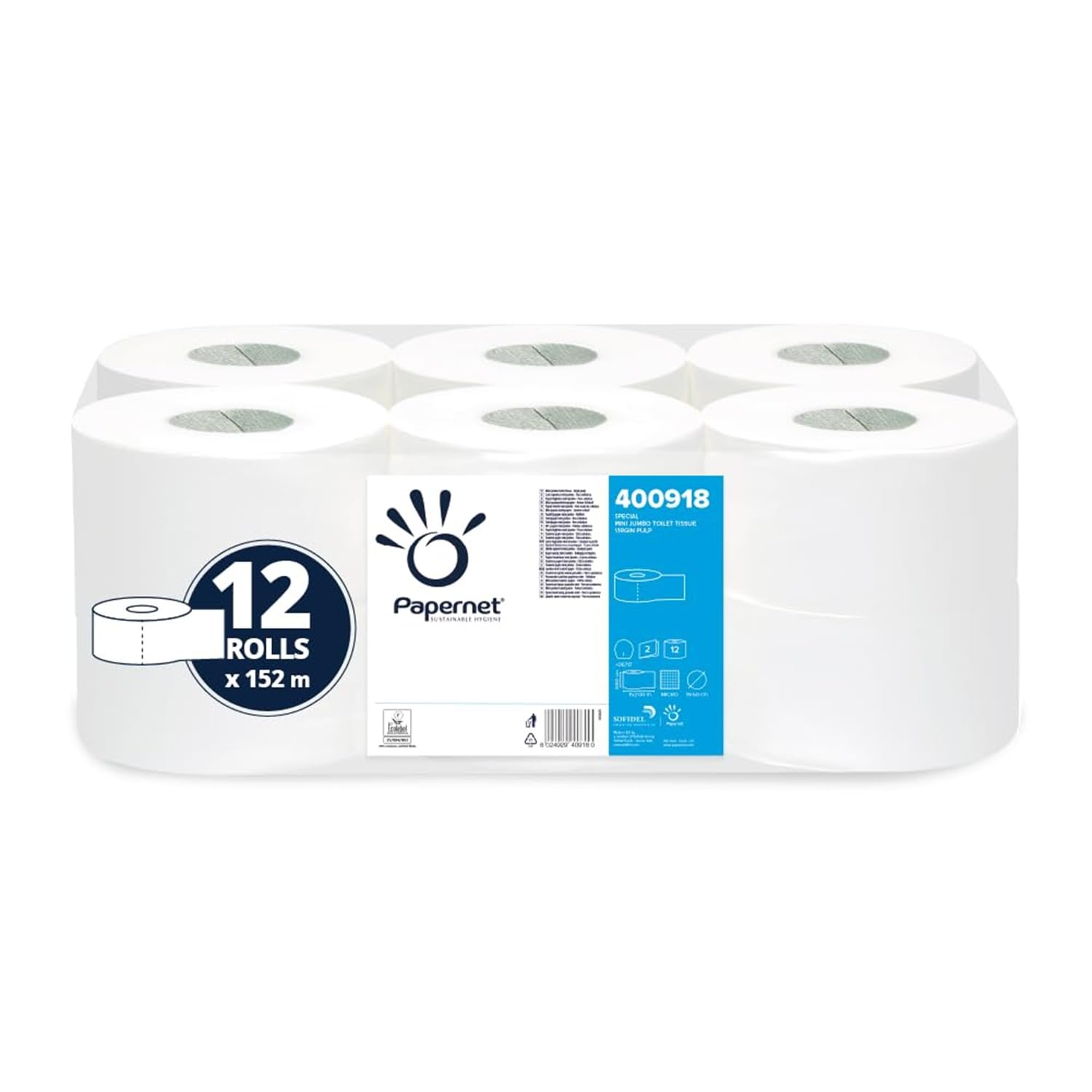 Papernet - Mini Jumbo Toilet Paper 400918, 12 Rolls of Pure Cellulose Paper, 152m Each, 2 Ply, Roll Diameter 19.5cm