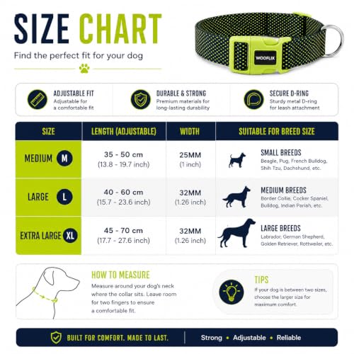 Image of Wooflix Premium Adjustable Dog Collar for Small, Medium & Large Breed Dogs | Heavy Duty Nylon Dog Neck Belt with Strong Buckle & D-Ring for Walking, Training & Daily Use (Green, Medium)