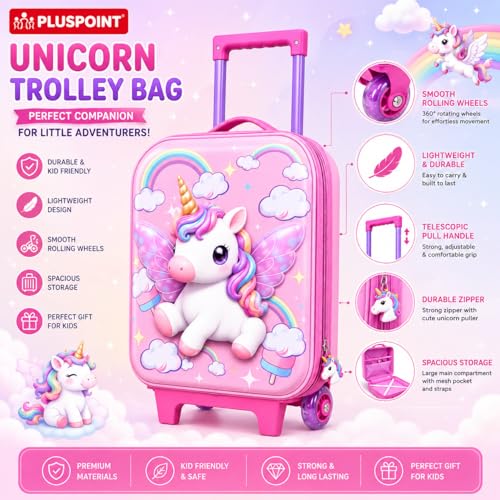 Image of PLUSPOINT Unicorn Theme Kids Trolley Bag | 16 Inch Hard Shell Cabin Luggage with Wheels & Telescopic Handle | Lightweight Travel Suitcase for Girls | School Trips, Vacations, Holidays & Weekend Travel
