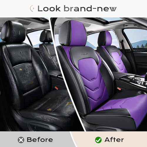 Image of Coverado Car Seat Covers, 2 PCS Front Seat Covers, Black&Purple Leather Seat Cover for Car, Waterproof Car Seat Protector, Automotive Seat Cover Car Seat Cushion Universal Fit for Most Sedan SUV Truck