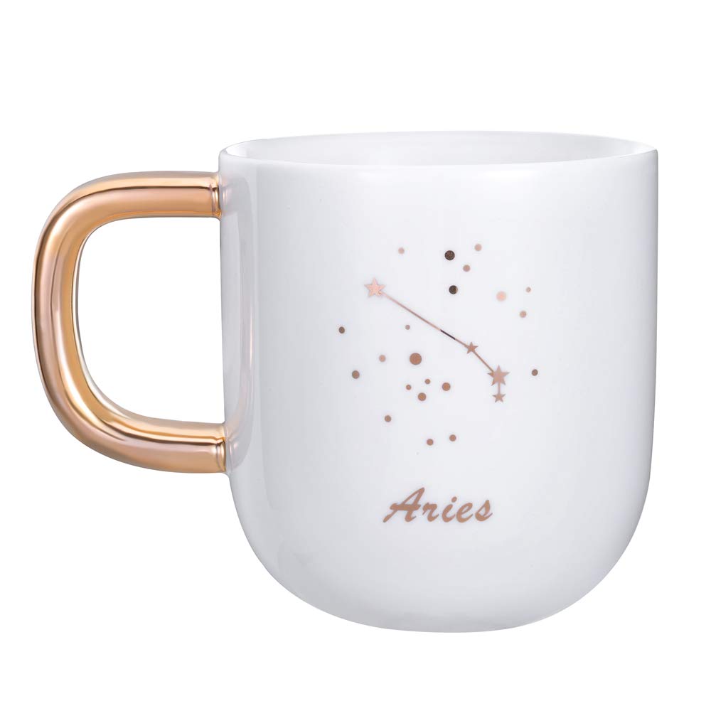 Danxia Ceramic Constellation Mug Coffee Cup, Gold Plating, Porcelain, White (Aries15 OZ)