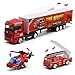 19 Pcs Fire Truck with Firefighter Toy Set, Mini Die-cast Fire Engine Car in Carrier Truck, Mini Rescue Emergency Double Side Transport Vehicle for Kid Child Boy Girl Birthday Christmas Party Favors