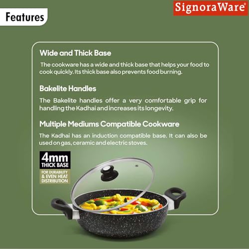 Image of Signoraware Perfecto 6 Coating Non Stick Kadhai 28cm | Gas & Induction Compatible | Low-Oil Cooking | Ergonomically Designed | Ideal for Frying, Sauteing or Preparing Rich Curries (2.5 LTR | Steel)