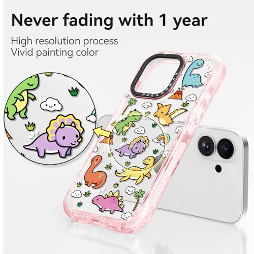 Coque iPhone rose pailleté dinosaure antichoc militaire 6,1 pouces