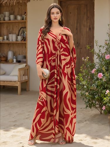Image of IMAGEKOPE Women's Plus Size Animal Print V-Neck Batwing Kaftan Beach Dress Bathing Suit Cover-Up Loungewear
