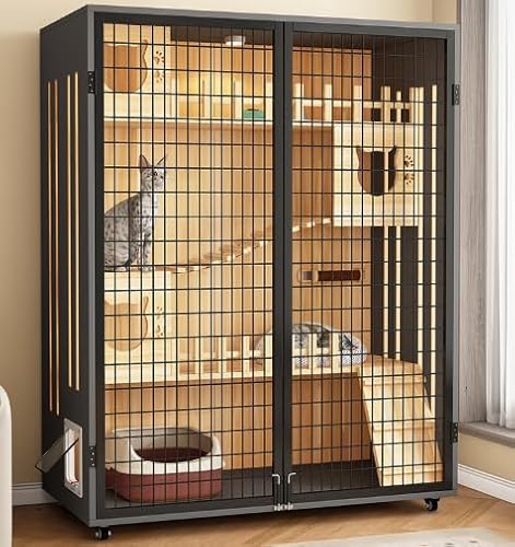 木製キャットケージ 高級キャットハウス LAJOKING 爪とぎポストとドアが付いています 大きな金網デザイン 移動しやすいキャスター そして複数の猫ちゃんにも安心の頑丈な構造です (90x60x120,a)