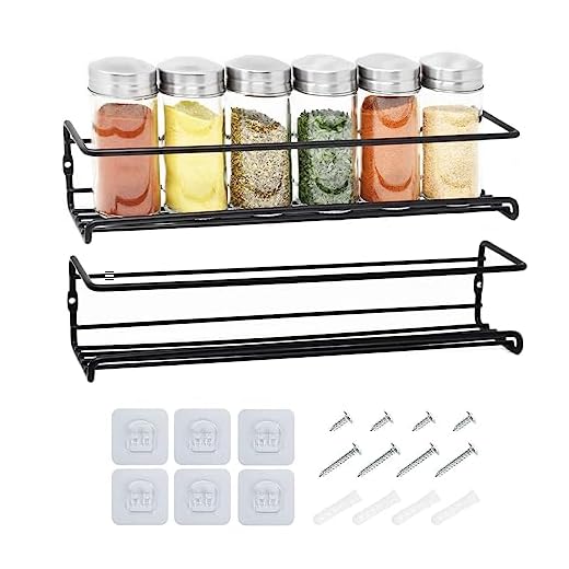 Joeji's Kitchen Kruidenrek, metaal, wandrek, kruiden, keuken, sterk, 3 m zelfklevend of schroeven, eenvoudig te installeren zonder boren, wandplank, keuken, zwart, 2 stuks