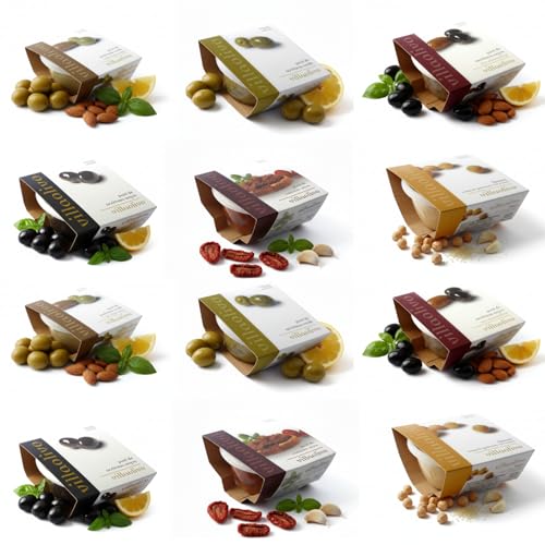 Villaolivo - Pack 12x125g Patés Vegetales Surtidos | Tomate Seco, Aceitunas Verdes y Negras, Verdes y Negras con Almendras, Hummus | 100% Natural, Vegano y Sin Conservantes