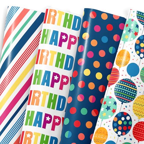 MotiGiftie Birthday Wrapping Paper for Boys Girls Women Men,12 Sheets Gift Wrapping Paper with “Happy Birthday” Polka Dots, Balloons, Colorful...