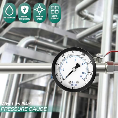 Image of 0-160PSI Well Pump Pressure Gauge 2 inch Dial Size, 1 /8 inch NPT Back Mount, 3-2-3% Accuracy, for Tube, Water Pump, Gas, Liquid, Pressure Test