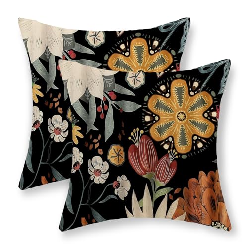 JEFERSO Boho Floral Pillow Covers 20x20 Set of 2, Spring Summer Vintage Flowers Throw Pillows Modern Abstract Farmhouse Decorations Black Pillowcase Linen Bohemian Outdoor Cushion Case for Couch Home