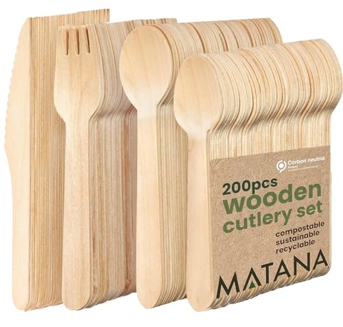 MATANA 200 Cubiertos de Madera Desechables - 50 Cuchillos, 50 Tenedores, 50 Cucharas, 50 Cucharillas - 100% Natural, Ecológico, Biodegradable - Fiestas, Picnics, BBQ, Catering