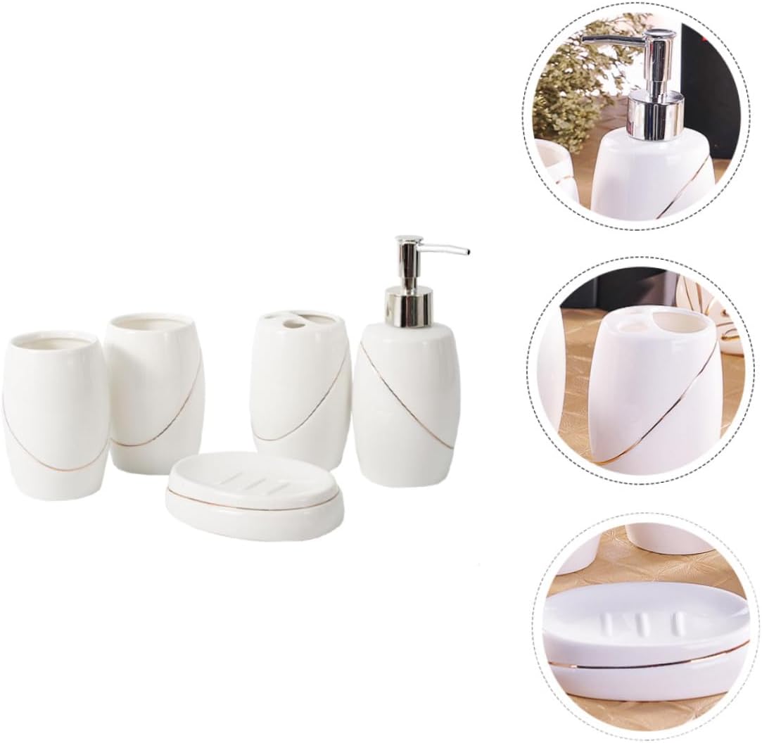 LIFKOME 5pcs Bathroom Accessory Gargle Cups Toothbrush Rack Soap Tray and Lotion Bottle for Compact Storage