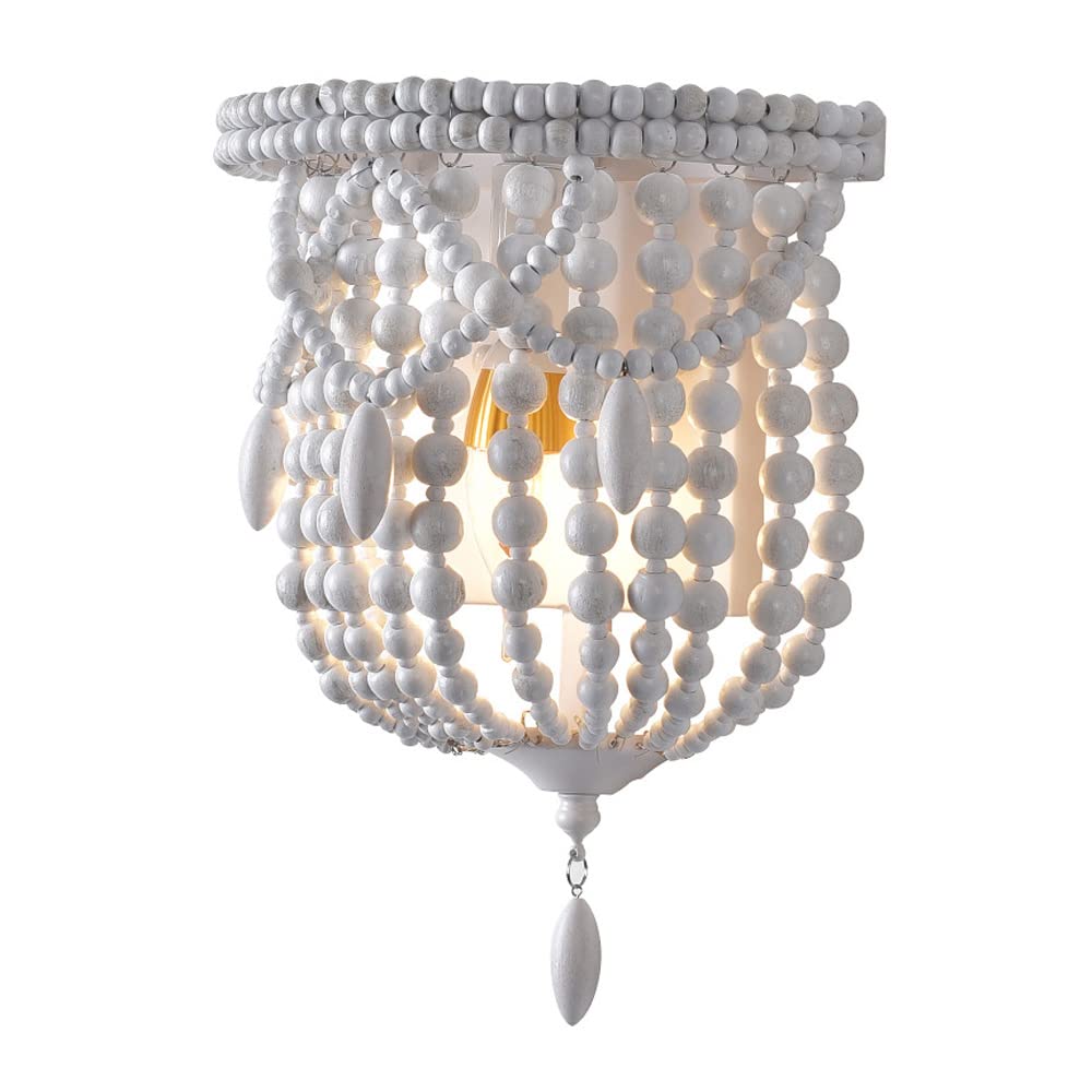 SXECAEPS Bohemia Wall Sconce Vintage Light White Wood Beaded Lamp, Wooden Lighting Fixtures Antique Lamps for Bedroom Hallway Entryway Restaurant, E14 Socket