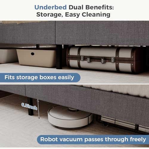Image of King Size Storage Bed Frame, Square Tufted Headboard, Platform Bed with 2 Underbed Drawers at Foot, Wooden Slats Support, No Box Spring Needed, Dark Gray