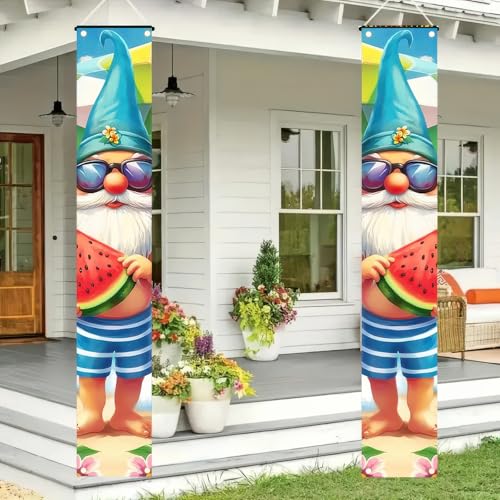 Image of BlissYard 2pcs Welcome Summer Door Banner Hawaiian Beach Funny Gnome Porch Banners Sign Summer Sunshine Front Door Hanging Decor Banner for Seasonal Home Hawaii Tropical Party Outdoor Decorations