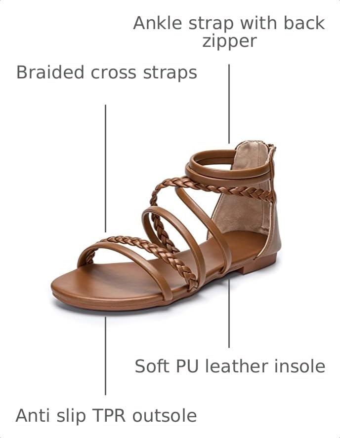 Image of youngshow Women's Braided Strappy Sandals - Open Toe Dressy Gladiator Flat Sandals with Back Zipper, Casual Summer Beach Shoes