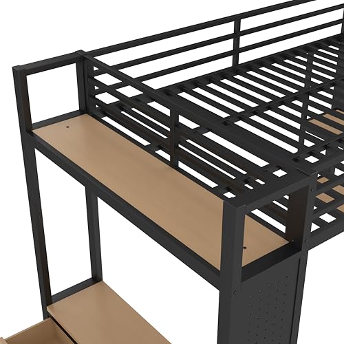 Image of Bellemave Full Size loft Bed with Wardrobe and Storage Shelves and Pegboard Drawers, Metal Full Loft Bed Frame for Adults, Kids, Teens, Black