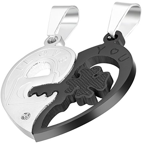 Flongo Collar Rompecabezas Corazón Parejas: Colgante Azul Plateado Rompecabezas Acero Inoxidable La Llave a Su Corazón - Regalo de Día de San Valentín