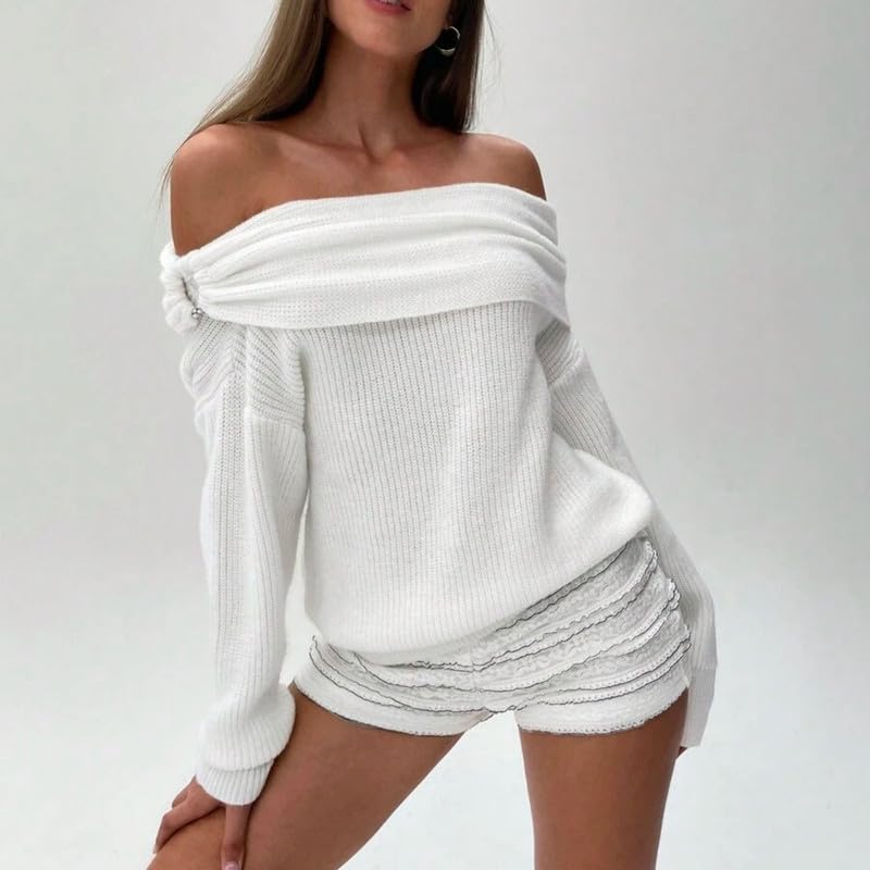 Image of Women Off The Shoulder Sweater Long Sleeve Ribbed Knit Top Y2k Pullover Sweaters Fall Going Out Streetwear